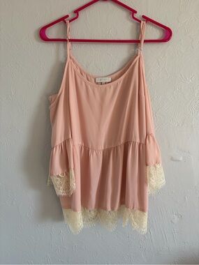 1.STATE Pink Cold Shoulder Lace Trim Tiered Bell Sleeve Blouse Size L
